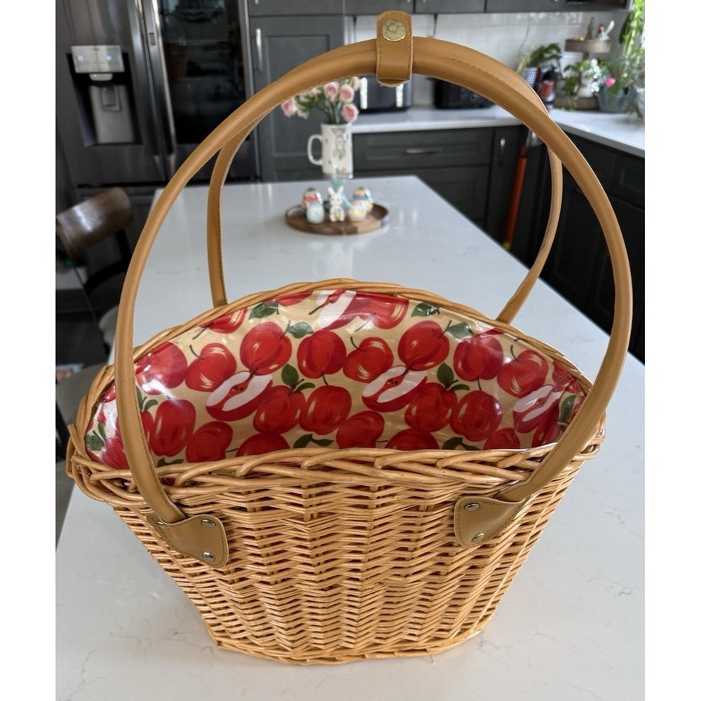 Vintage Woven‎ Cane Oval Basket Apple Vinyl Liner Faux Leather Handles 90's EUC